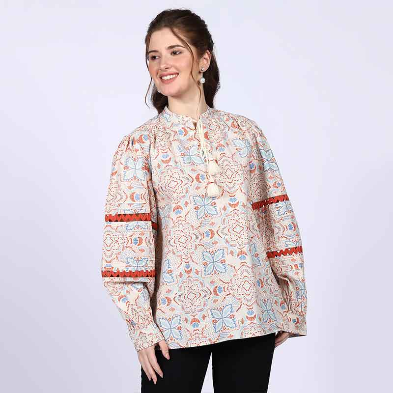 Women's ivory multicolour block-print top for women UK, full front view.