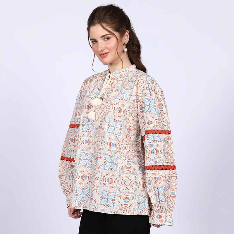 Saint ivory multicolour block-print top for women UK, front view with tasselled neck tie.