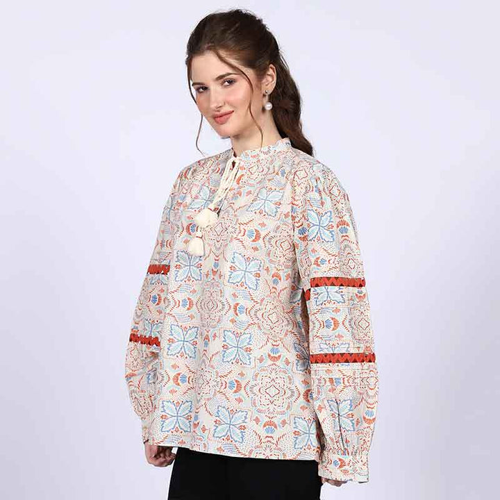 Saint ivory multicolour block-print top for women UK, front view with tasselled neck tie.