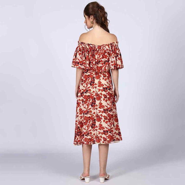 Saint ivory red off-shoulder midi dress for women UK, back view.