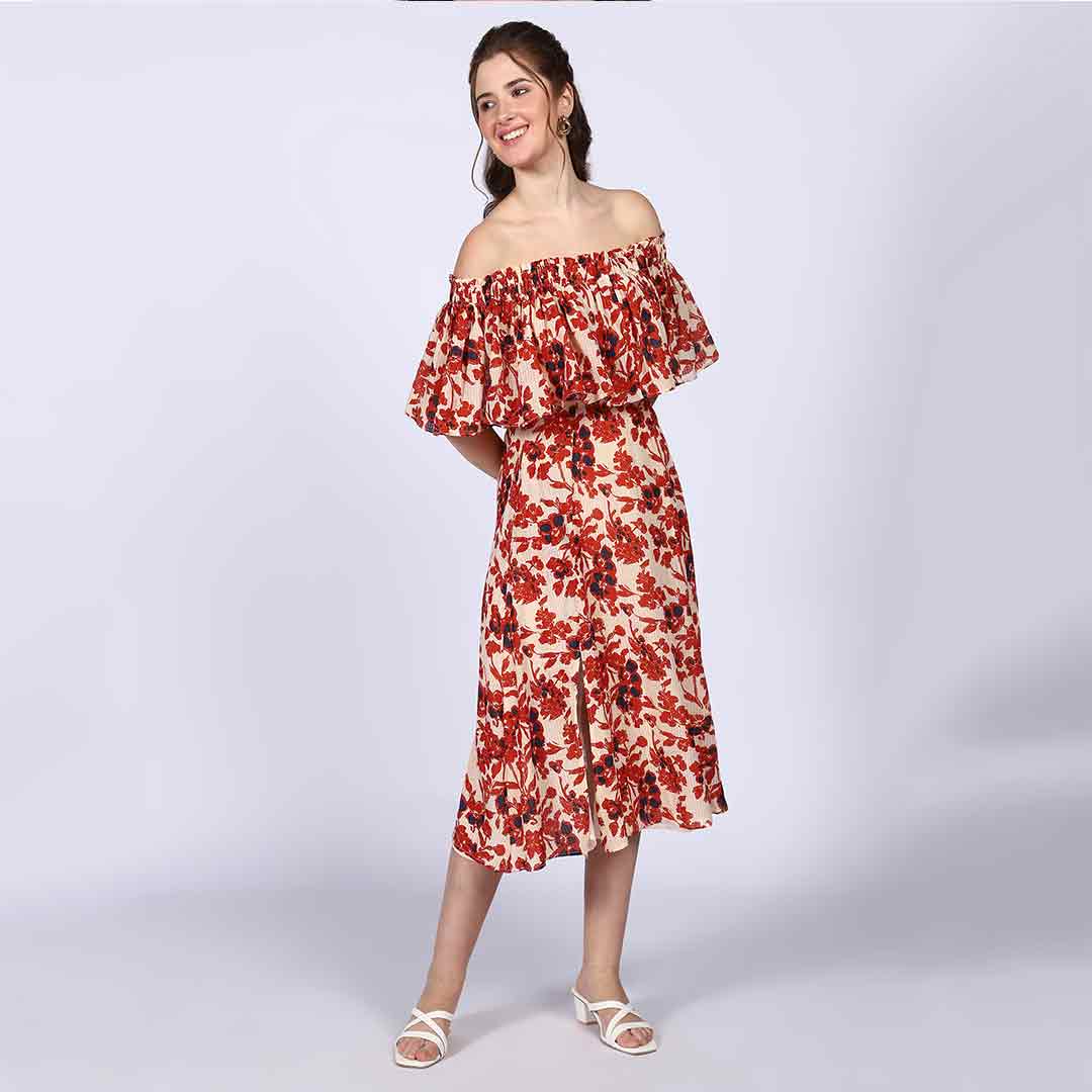 Women's ivory red off-shoulder midi dress for women UK, three-quarter front view showing front slit.