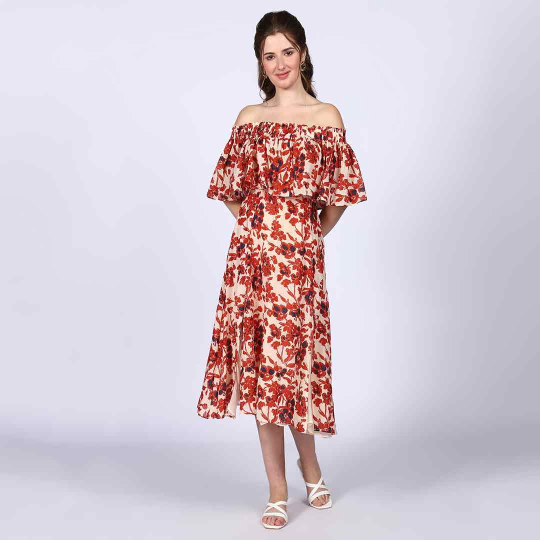Women's ivory red off-shoulder midi dress for women UK, front view with ruffle neckline.
