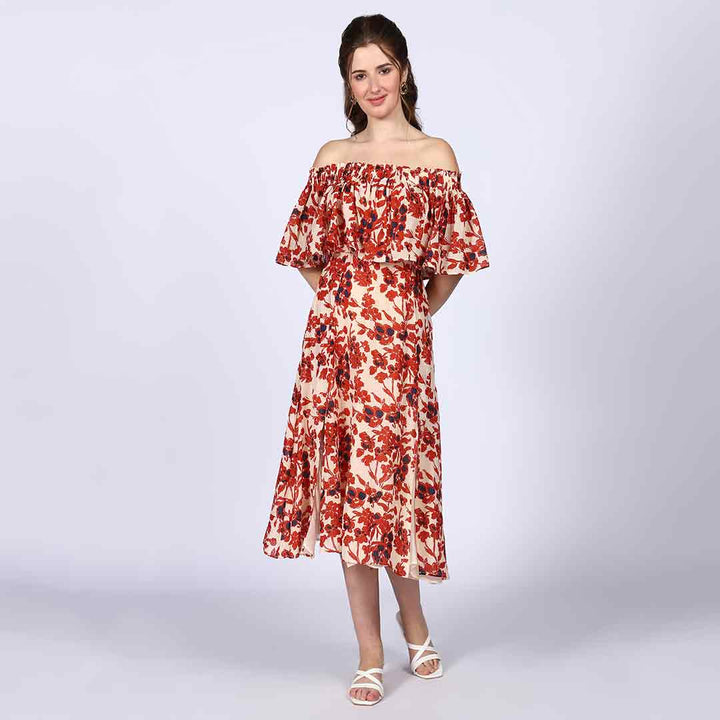 Women's ivory red off-shoulder midi dress for women UK, front view with ruffle neckline.