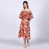 Saint Womens Ivory Red Off-Shoulder Midi Dress