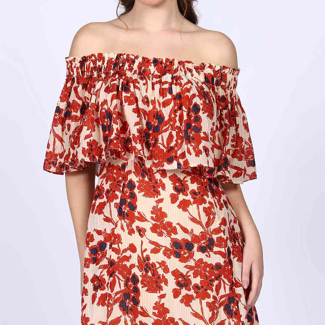 Close-up of ruffle off-shoulder neckline on Saint ivory red midi dress for women UK.