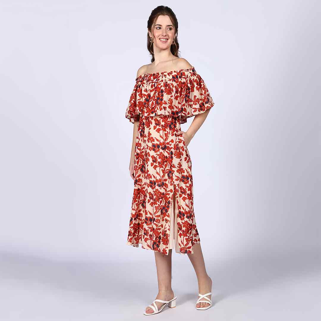 Women's ivory red off-shoulder midi dress for women UK, side view showing calf-length hem.