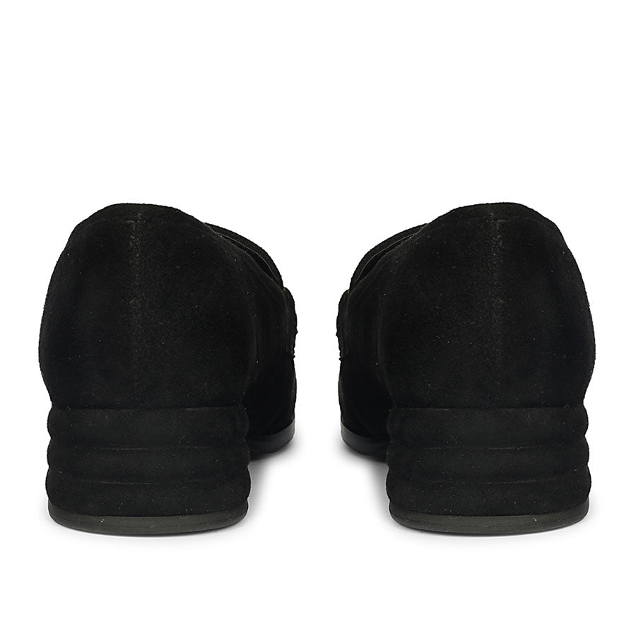Best black suede loafers for women UK, back pair view showing ridged block heel
