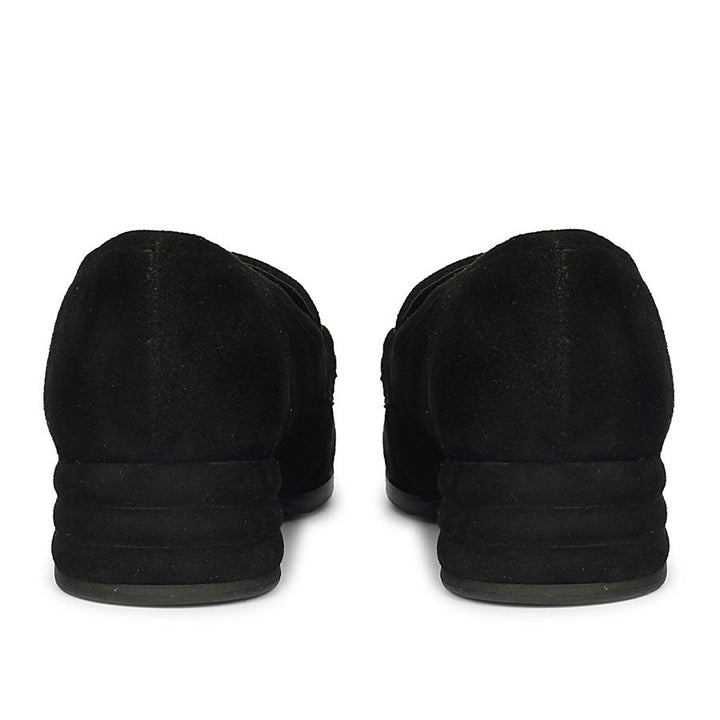 Best black suede loafers for women UK, back pair view showing ridged block heel