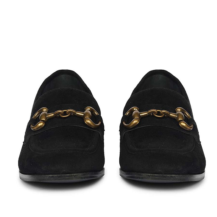 Women's black suede buckle loafers UK, Saint Jacqueline front pair view