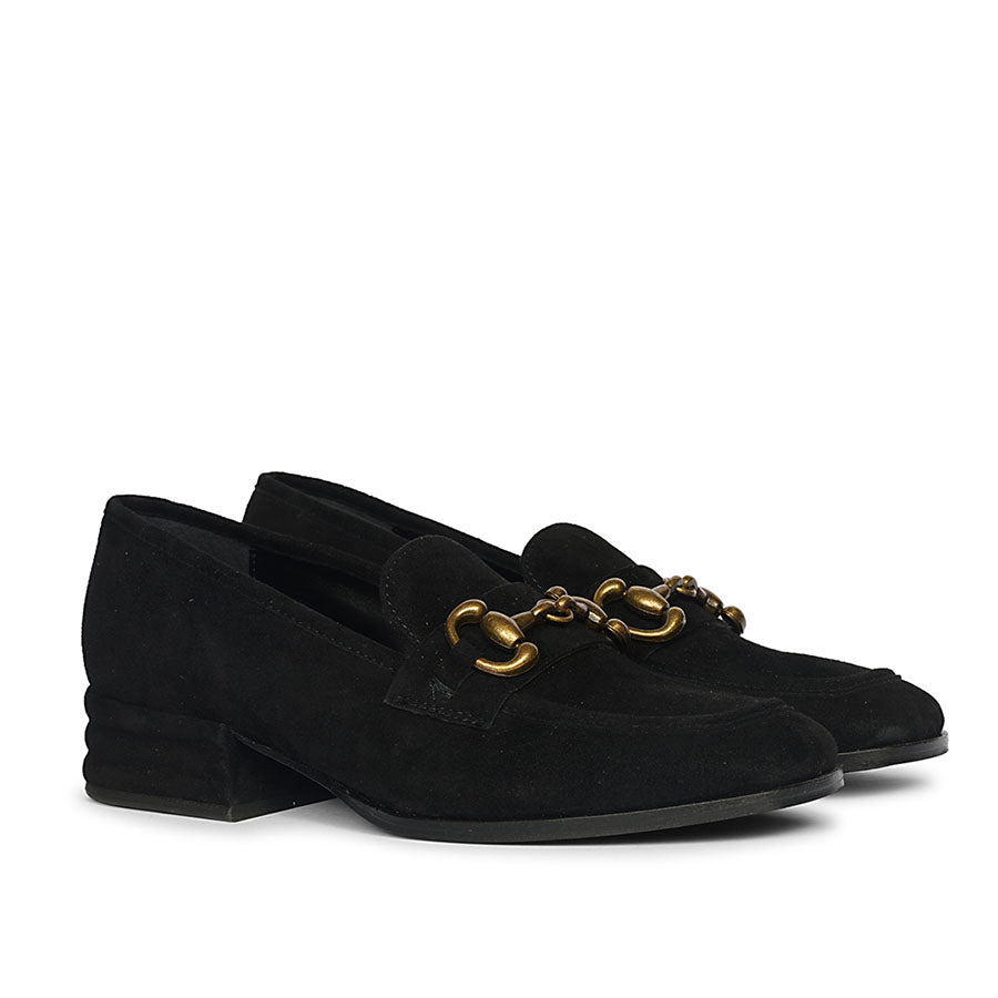 Ladies black suede snaffle buckle loafers UK, Saint Jacqueline pair angled view