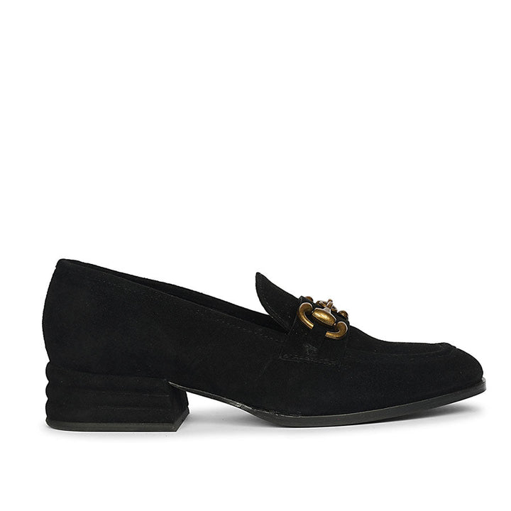 Best black suede buckle loafers for women UK, Saint Jacqueline side view