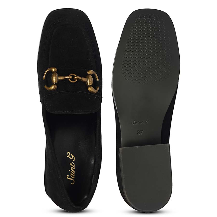Saint Jacqueline black suede loafers UK, interior and sole view