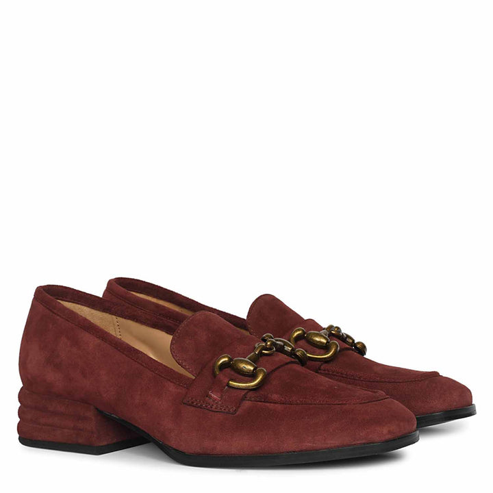 Ladies burgundy suede snaffle buckle loafers UK, Saint Jacqueline pair angled view