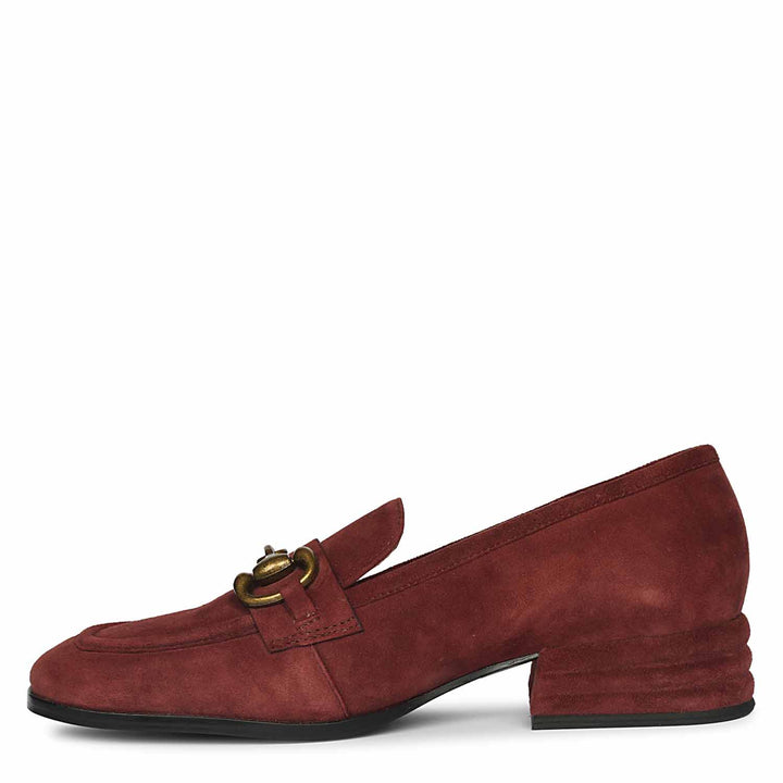 Women's burgundy suede buckle loafers UK, alternate side view