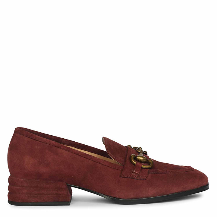 Best burgundy suede buckle loafers for women UK, Saint Jacqueline side view