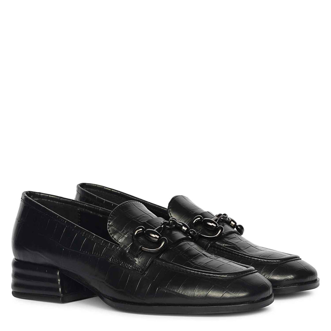 Ladies Saint Jacqueline croc-embossed black leather moccasins, angled pair view — best Women's shoes UK