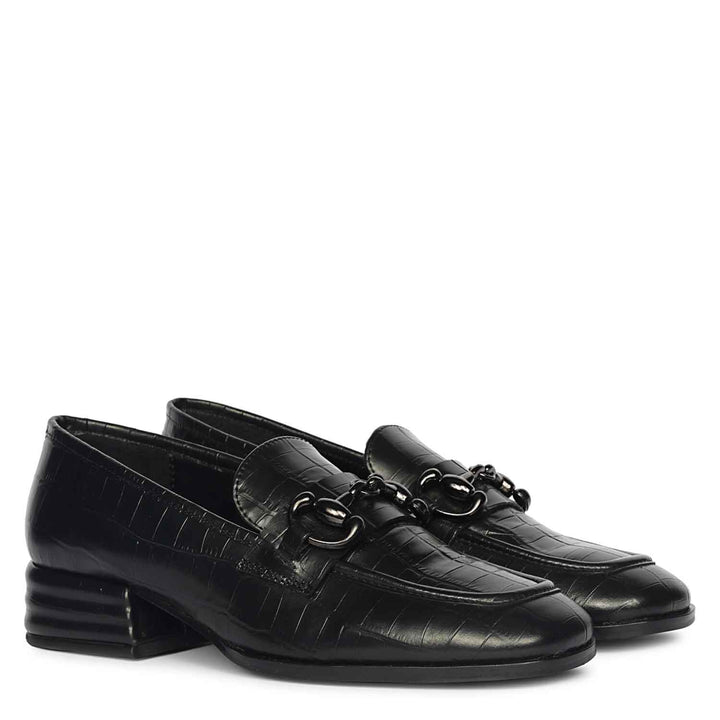 Ladies Saint Jacqueline croc-embossed black leather moccasins, angled pair view — best Women's shoes UK