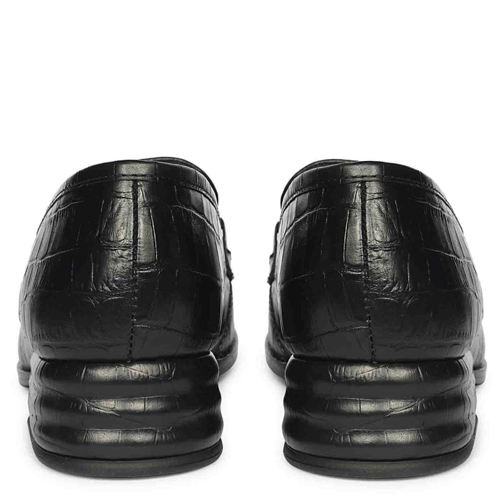 Best Ladies Saint Jacqueline croc-embossed black leather moccasins, back pair view — Women's shoes UK