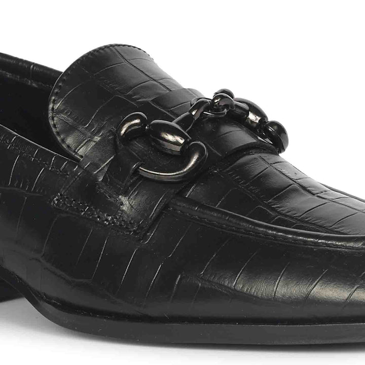 Ladies Women's Saint Jacqueline croc-embossed black leather moccasins, close-up detail of gunmetal chain trim — best shoes UK