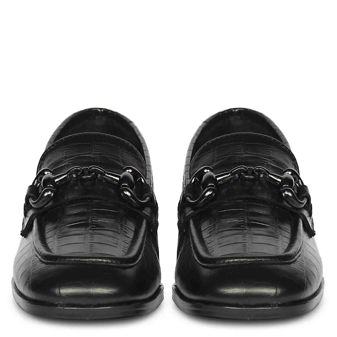 Women's Saint Jacqueline croc-embossed black leather moccasins, front pair view with gunmetal chain trim — best Ladies shoes UK