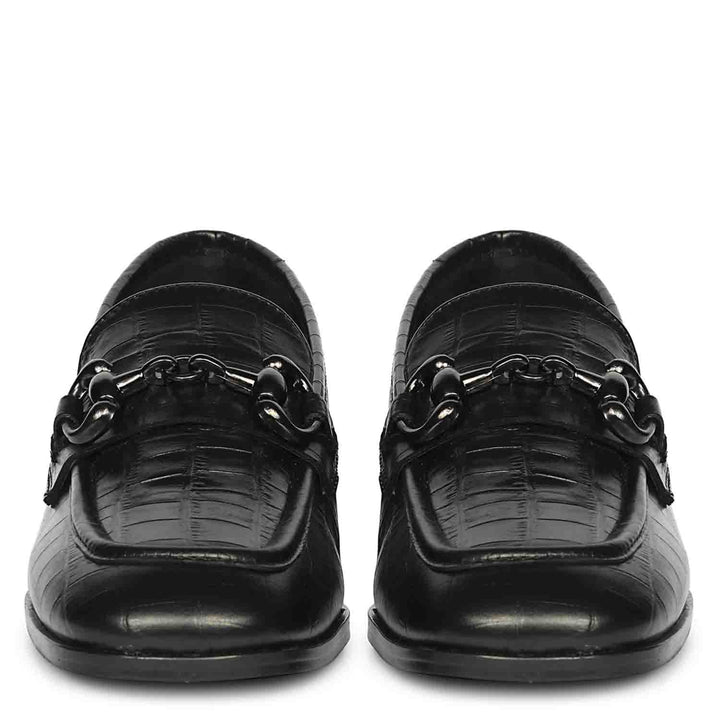 Women's Saint Jacqueline croc-embossed black leather moccasins, front pair view with gunmetal chain trim — best Ladies shoes UK
