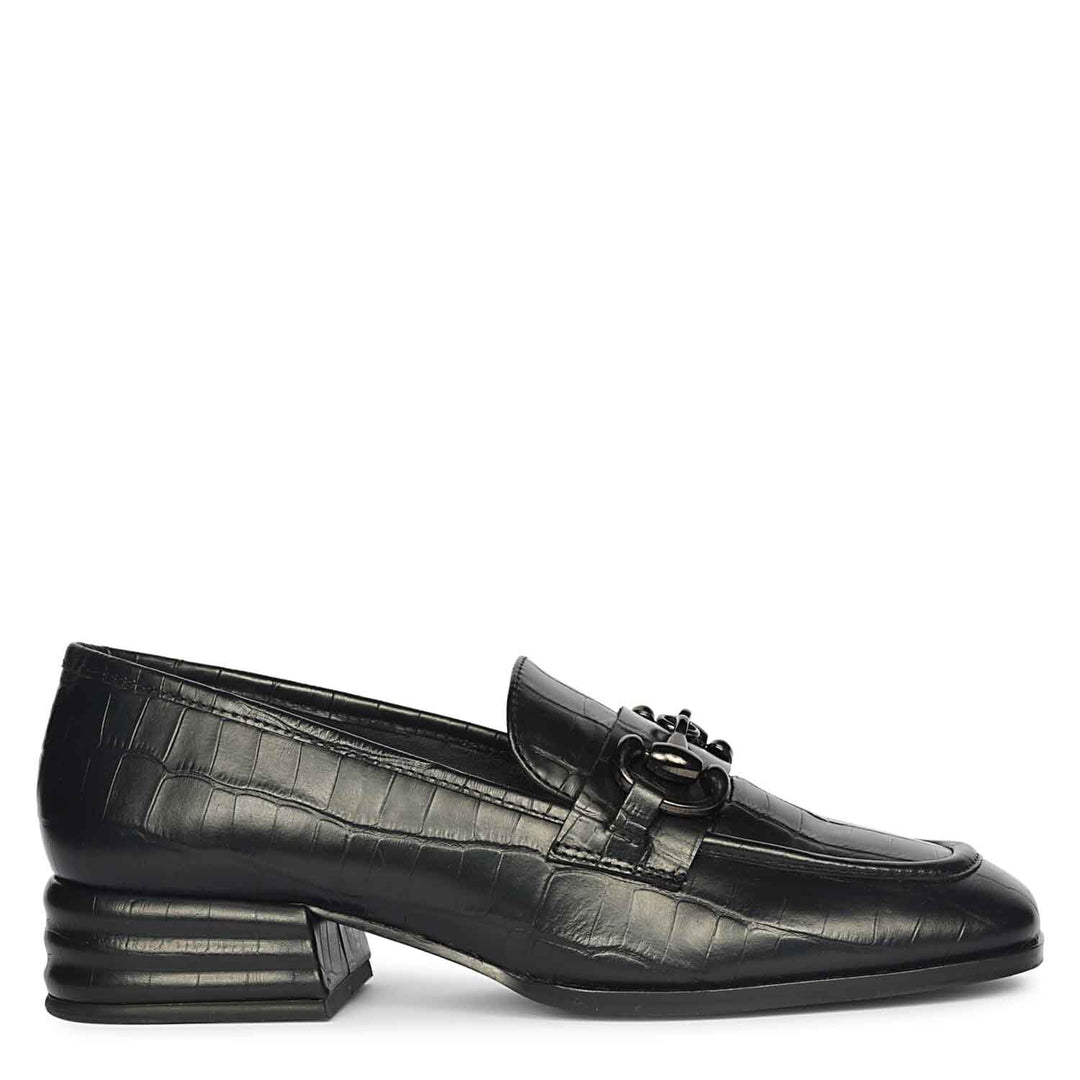 Best Saint Jacqueline croc-embossed black leather moccasins, side profile view with gunmetal trim — Women's shoes UK