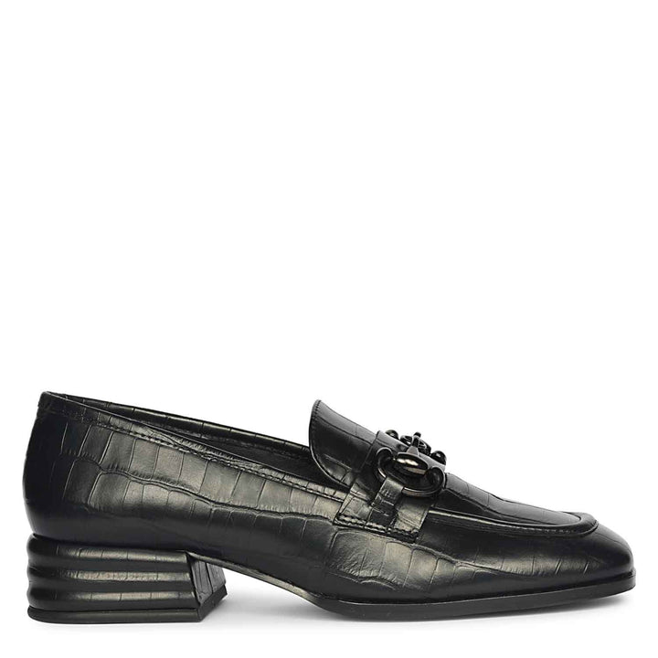Best Saint Jacqueline croc-embossed black leather moccasins, side profile view with gunmetal trim — Women's shoes UK