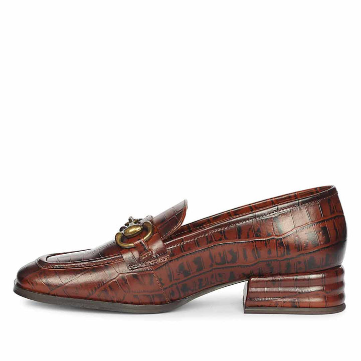 Best Ladies chocolate croc-print leather moccasins for women, angled pair view, UK