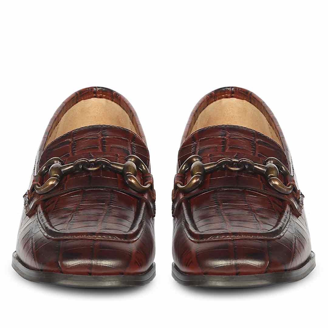 Women's croc-embossed choco leather moccasins, back heel view, UK