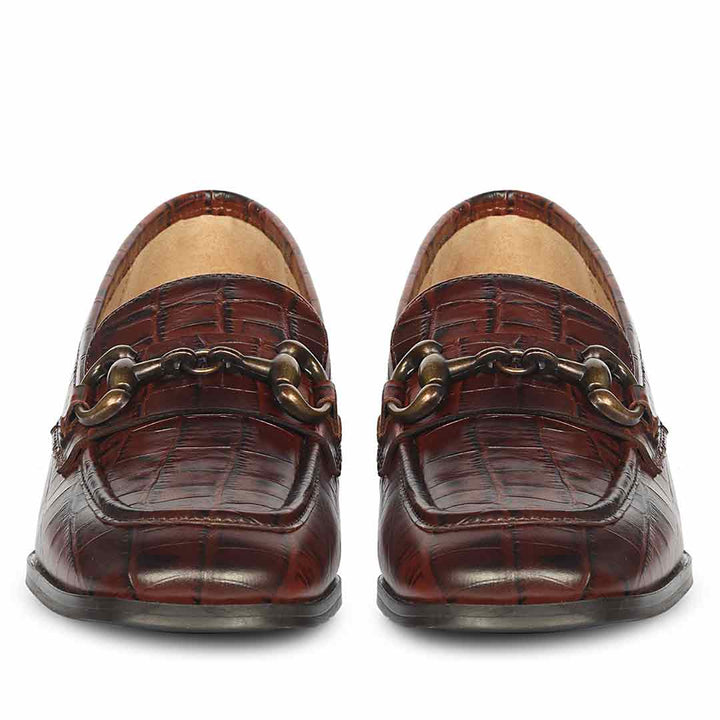 Women's croc-embossed choco leather moccasins, back heel view, UK