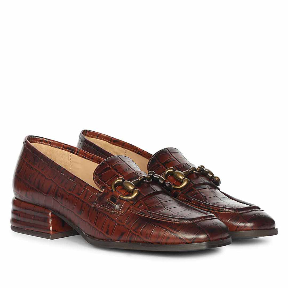 Ladies croc-embossed choco leather loafer moccasins, pair view, UK