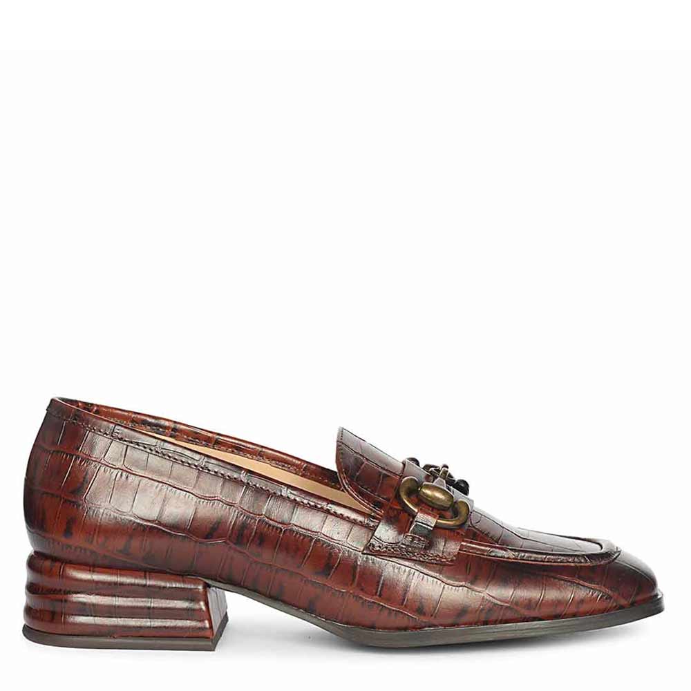 Best Women's croc-embossed chocolate leather moccasins, side view showing the low block heel, UK