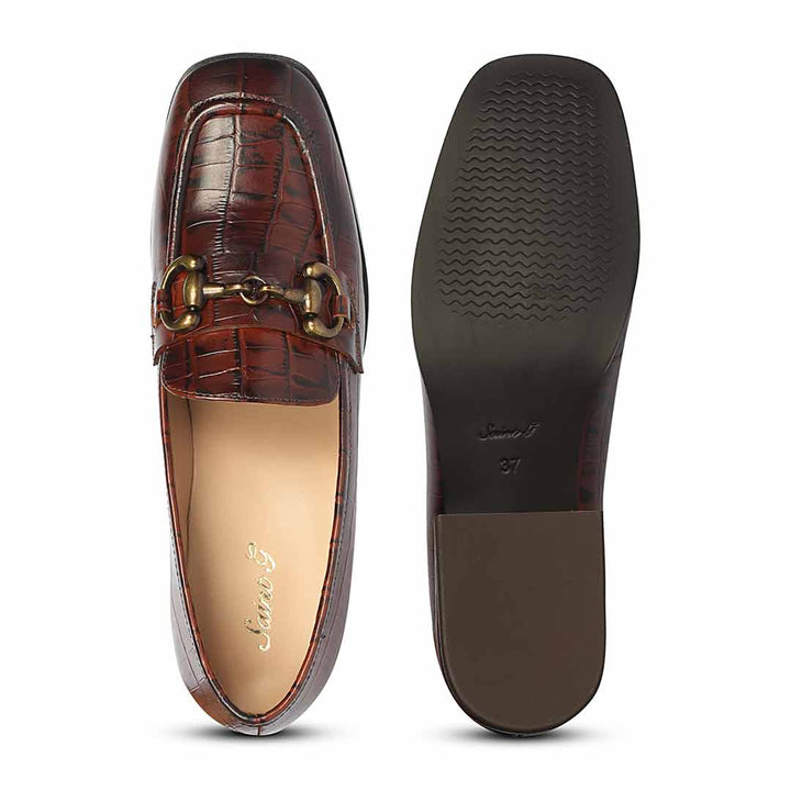 Best Women's chocolate croc leather moccasins, top and sole view, UK