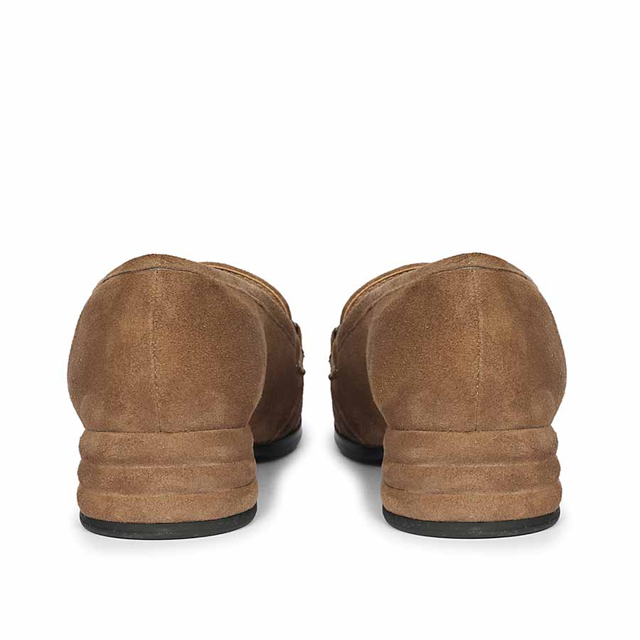 Women's camel suede horsebit moccasins, back heel view, UK