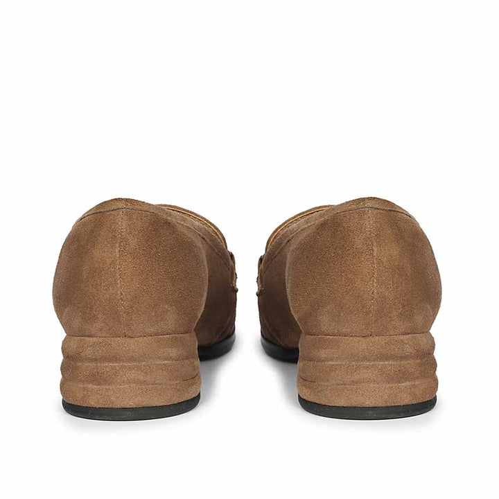 Women's camel suede horsebit moccasins, back heel view, UK