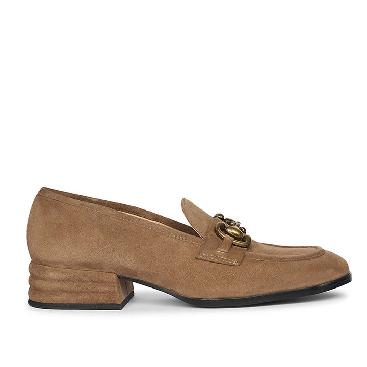 Best Women's tan suede horsebit loafer moccasins, pair view, UK
