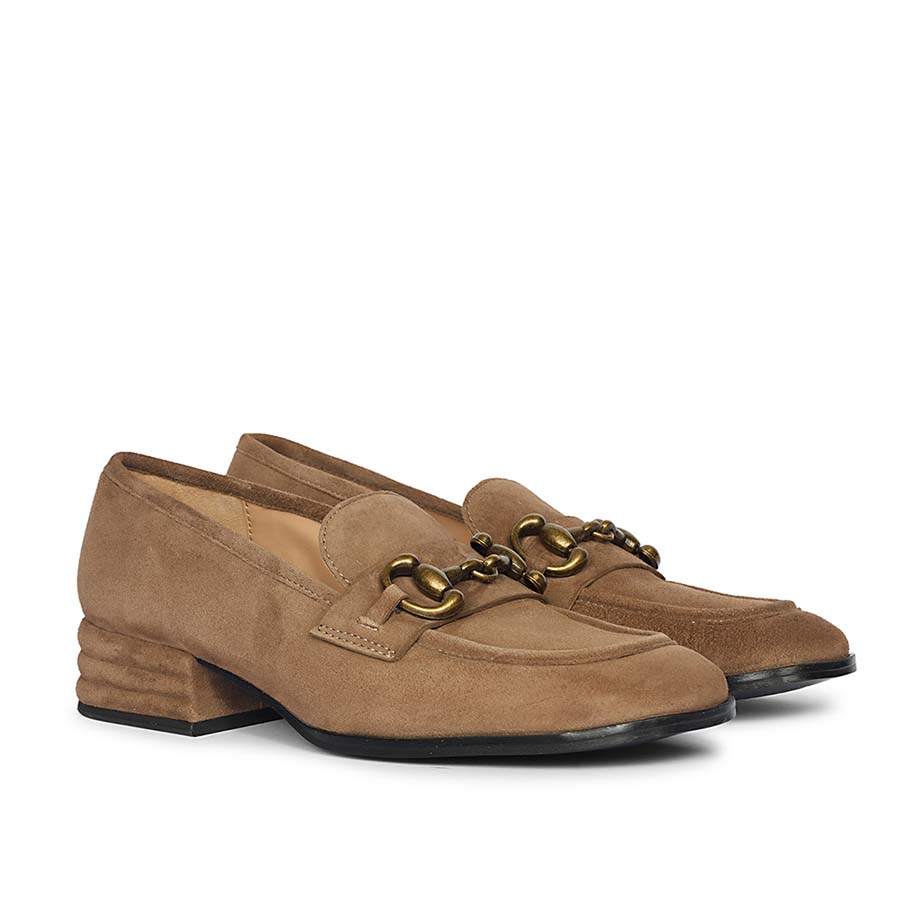 Ladies camel suede leather moccasins with horsebit trim, close side pair view, UK