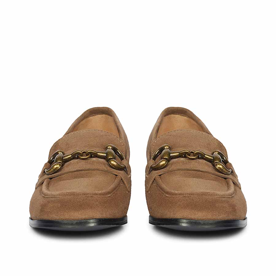 Best Ladies tan suede leather moccasins for women, side pair view, UK