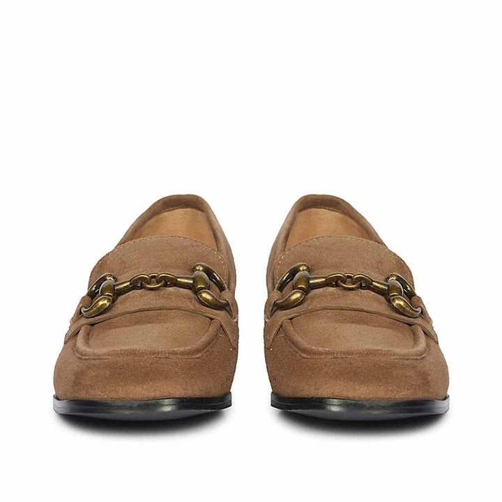 Best Ladies tan suede leather moccasins for women, side pair view, UK