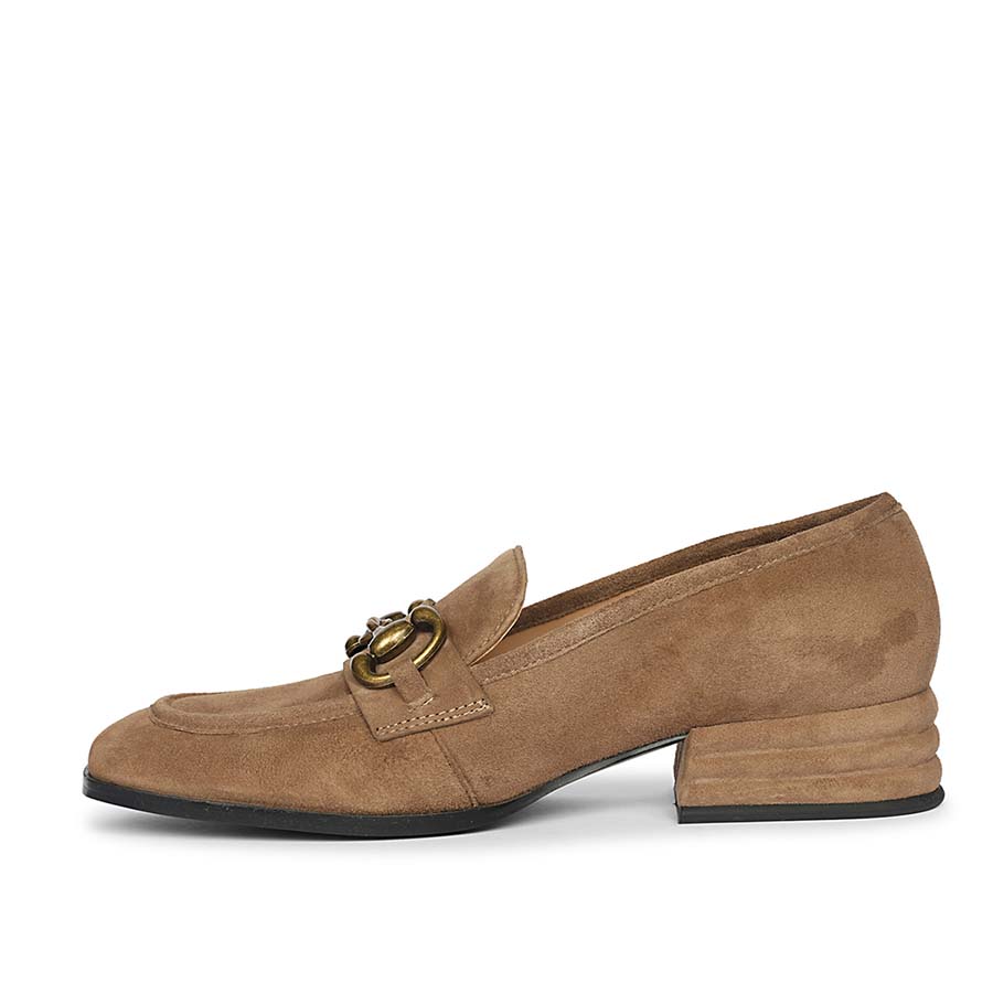 Best tan suede leather moccasins with gold horsebit trim, single side profile, UK