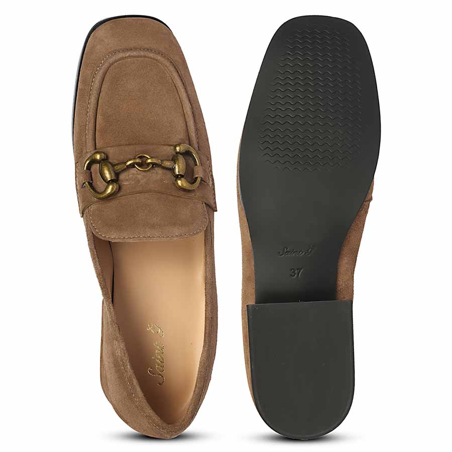 Ladies best camel suede leather moccasins, top and sole view, UK