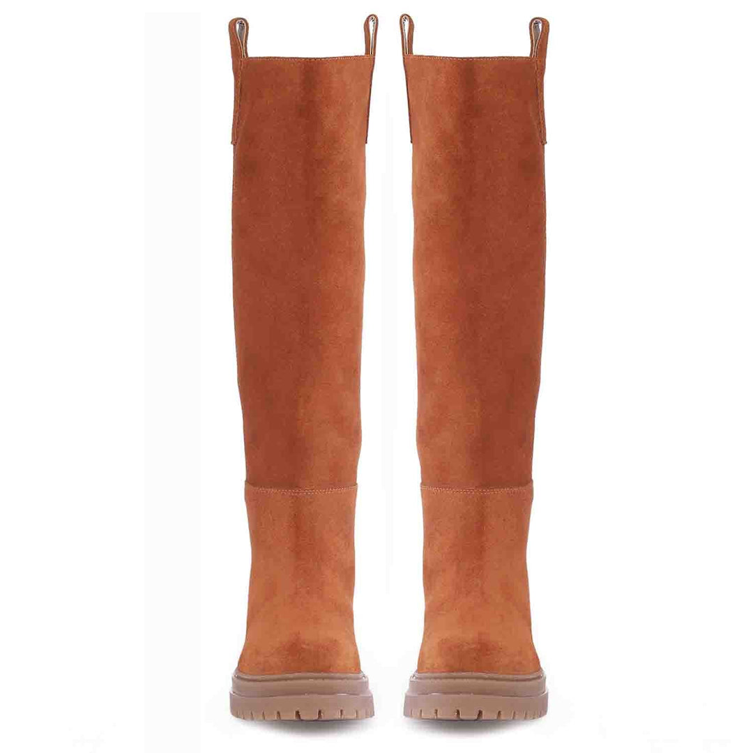 Saint Janet suede knee high boots, front pair view of pull-on tabs