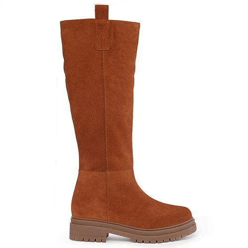 Saint Janet wood suede pull-on knee high boots for women, side view of chunky lug sole