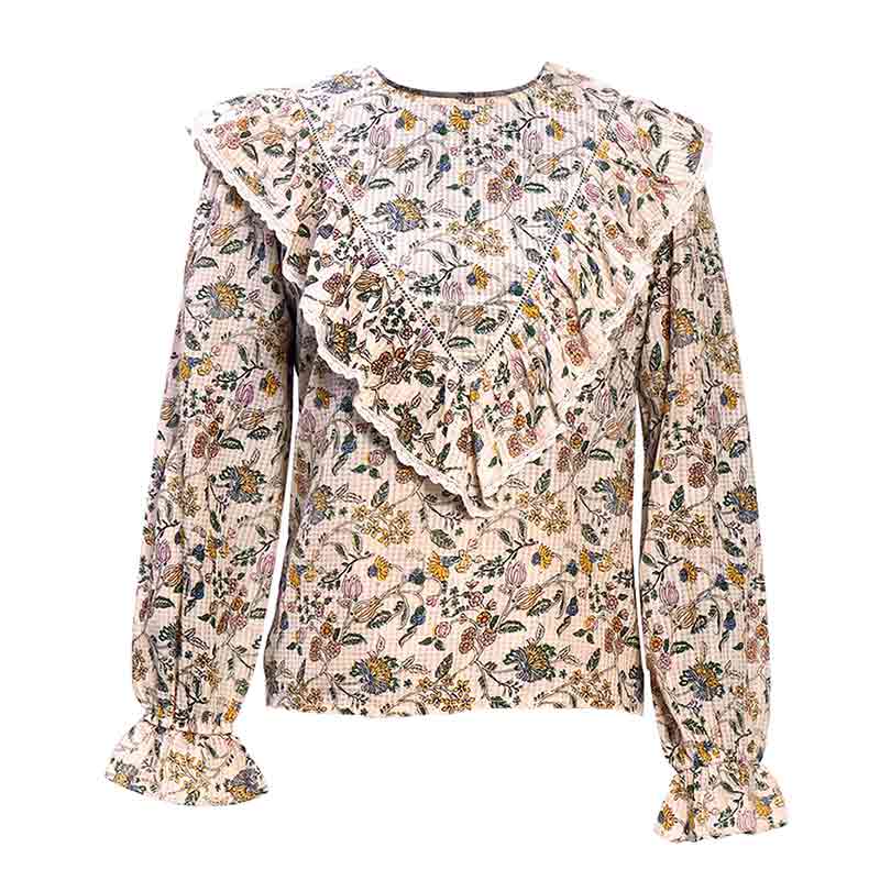 Saint Jasmaria ivory ruffle floral dobby top for women UK, shown flat.