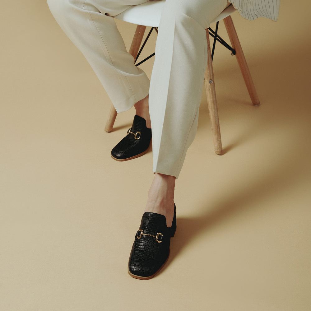 Women's Black Lizard Print Mule, Styled Lifestyle Shot — Best Ladies Shoes UK