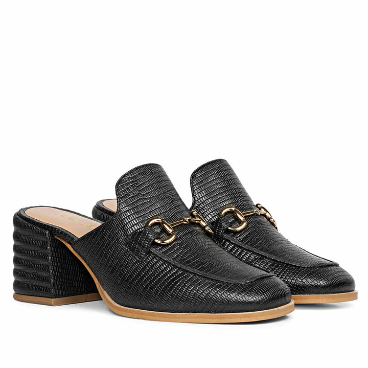 Ladies Black Lizard Print Leather Mules, Pair Angled View — Women's Shoes UK