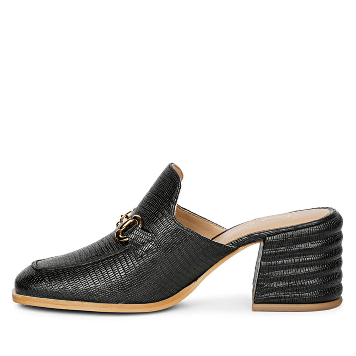 Best Women's Black Lizard Print Mule, Full Side Profile View — Ladies Shoes UK