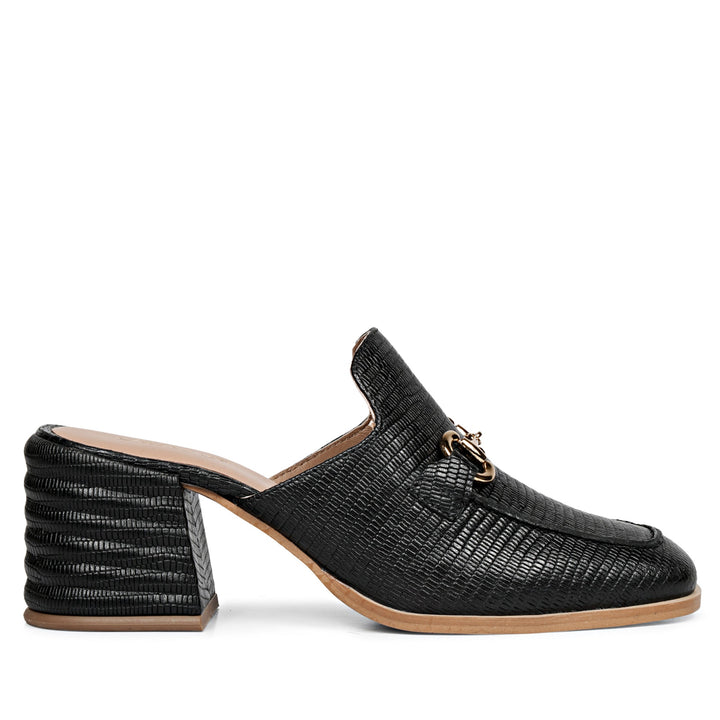 Best Women's Black Lizard Print Leather Mule, Side View, Block Heel — Ladies Shoes UK