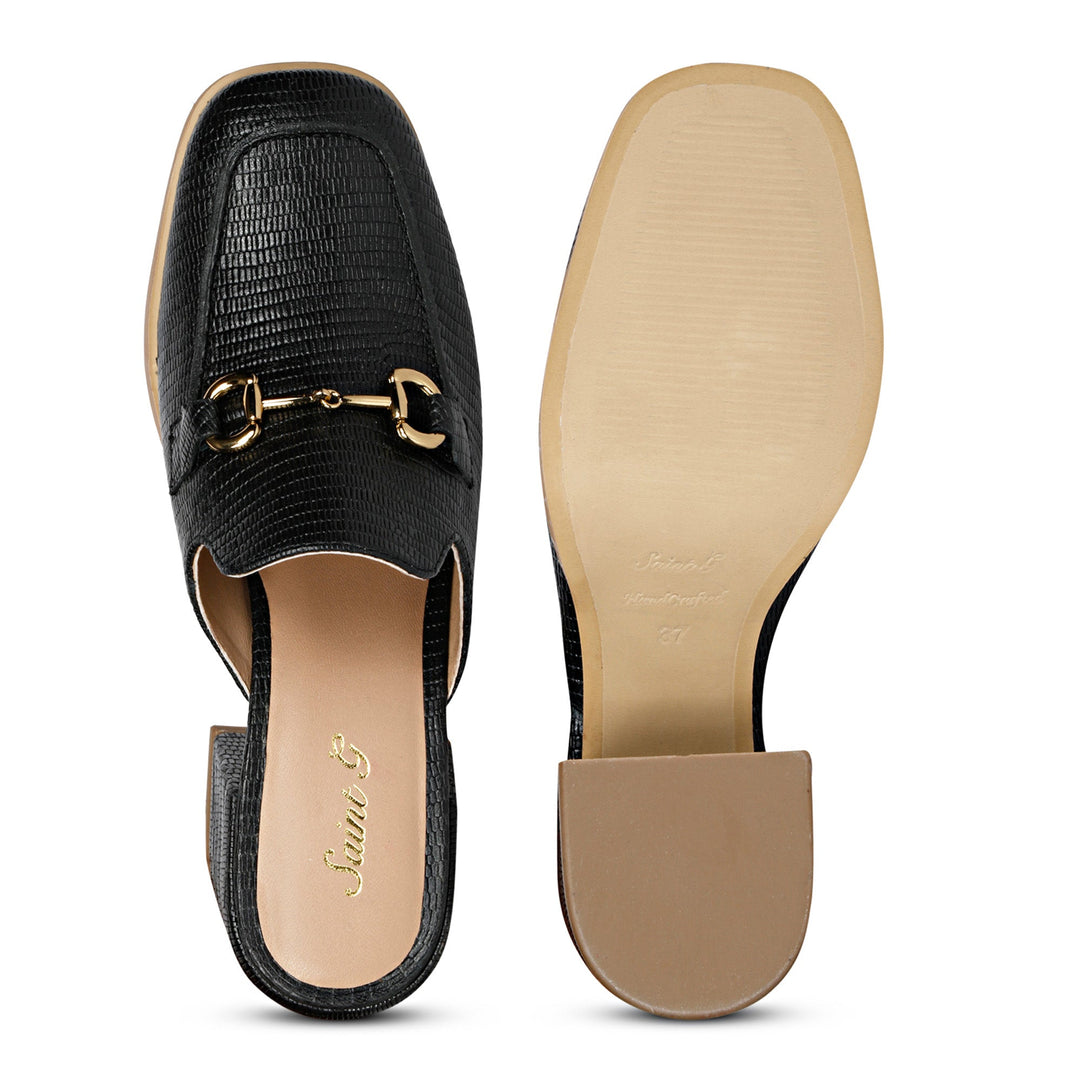 Women's Black Lizard Print Leather Mule, Top and Sole View — Ladies Shoes UK