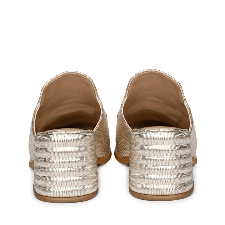 Best Ladies Gold Metallic Lizard Print Mules, Back Heel View — Women's Shoes UK